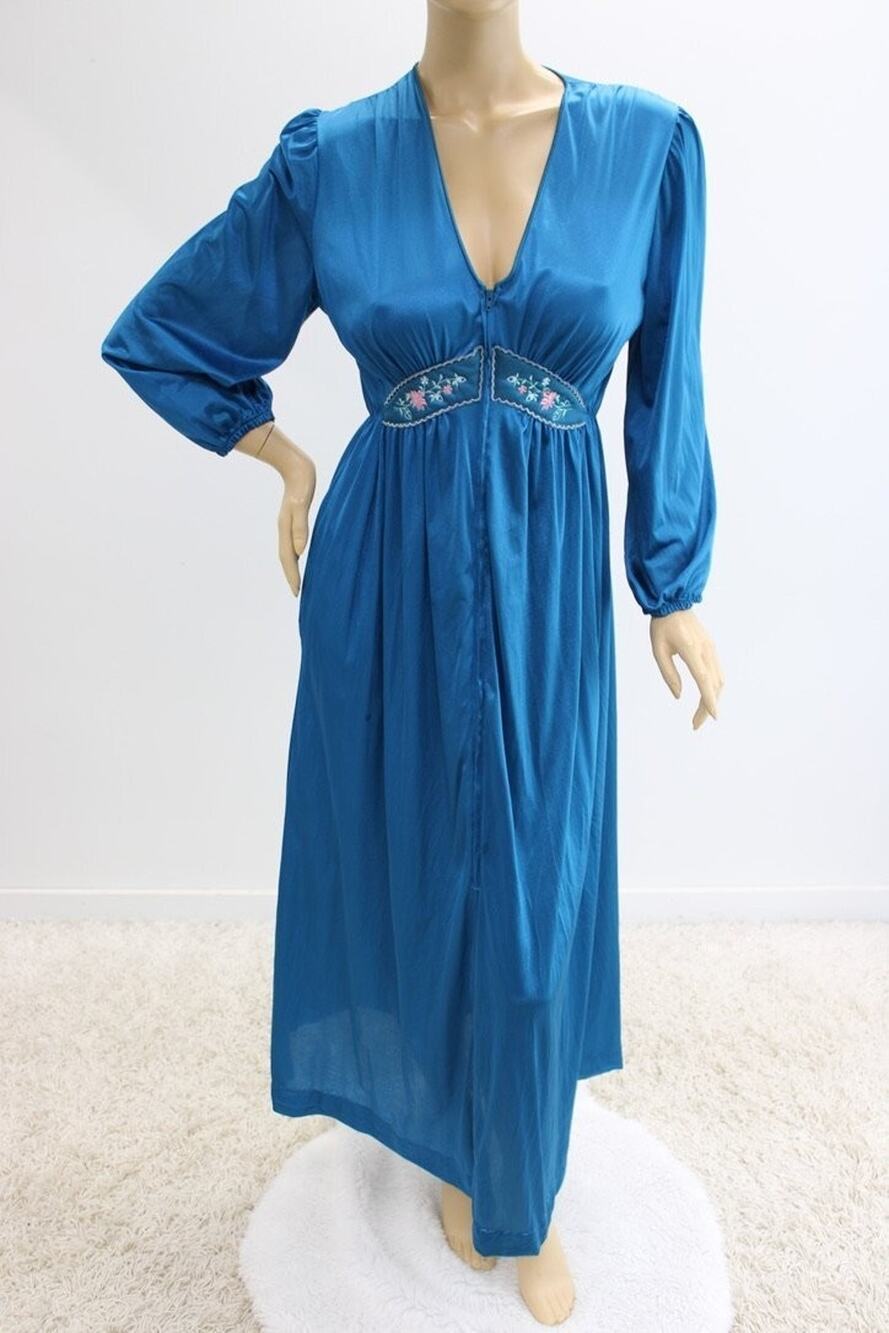 Vintage Lorraine Long Robe Large Peacock Blue Nylon Zip Front Embroidery USA